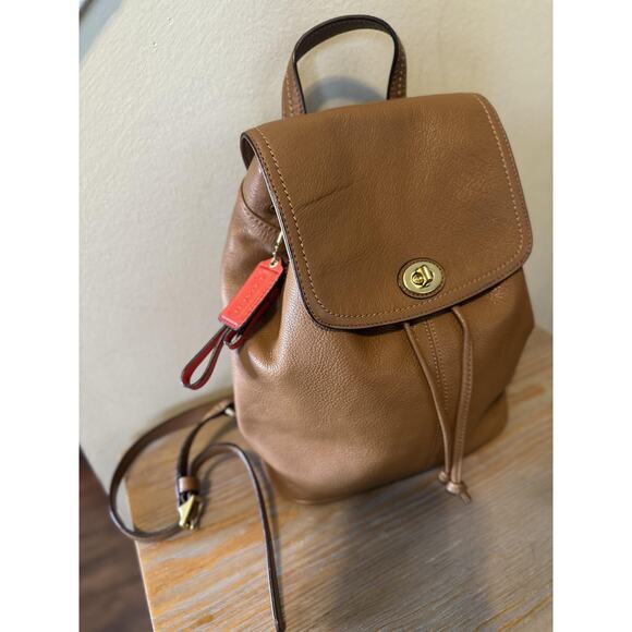 Coach Pebbled Leather Backpack Bag Womens Mini Brown Turnlock Drawstring F24385 - Picture 4 of 15